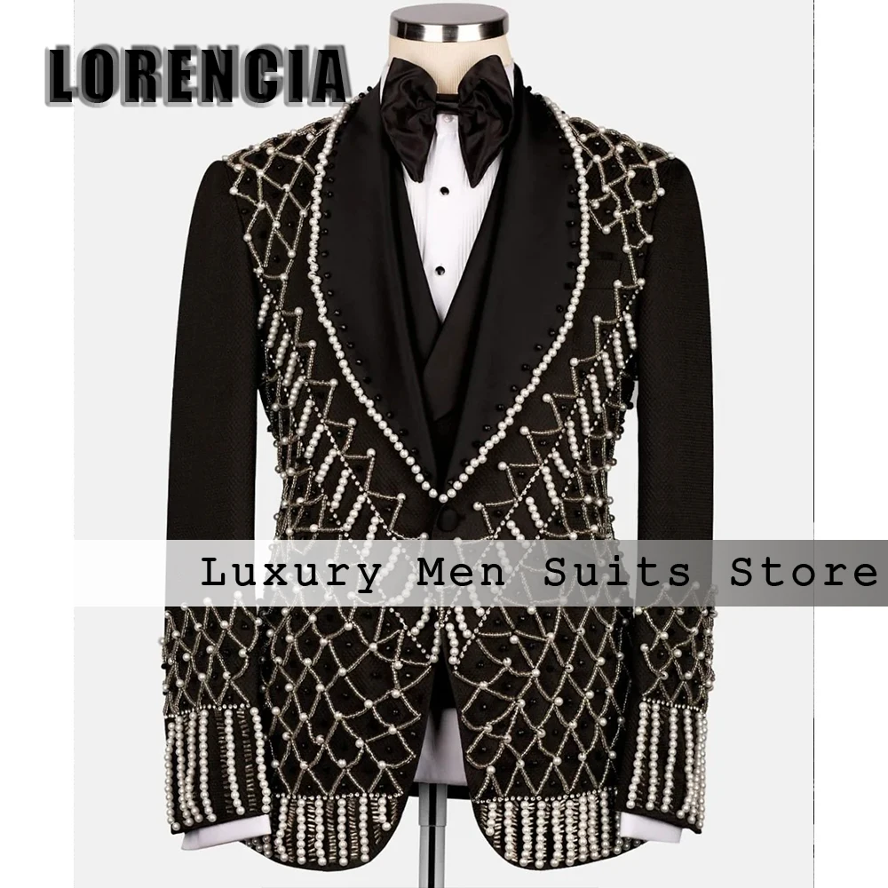

Elegant Pearls Beading Men Suits 3 Pieces Single Breasted Wedding Party Gowns Customized Blazer Pants Vest roupas masculinas