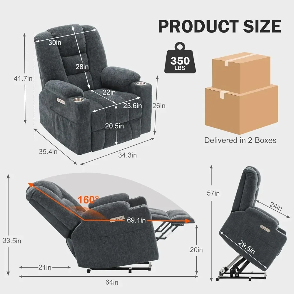 Power Lift Recliner Chair with Heated and Massage, Upgraded Chenille Fabric Lift Chairs w/2 Side Pockets & 2 Metal Cup Holders