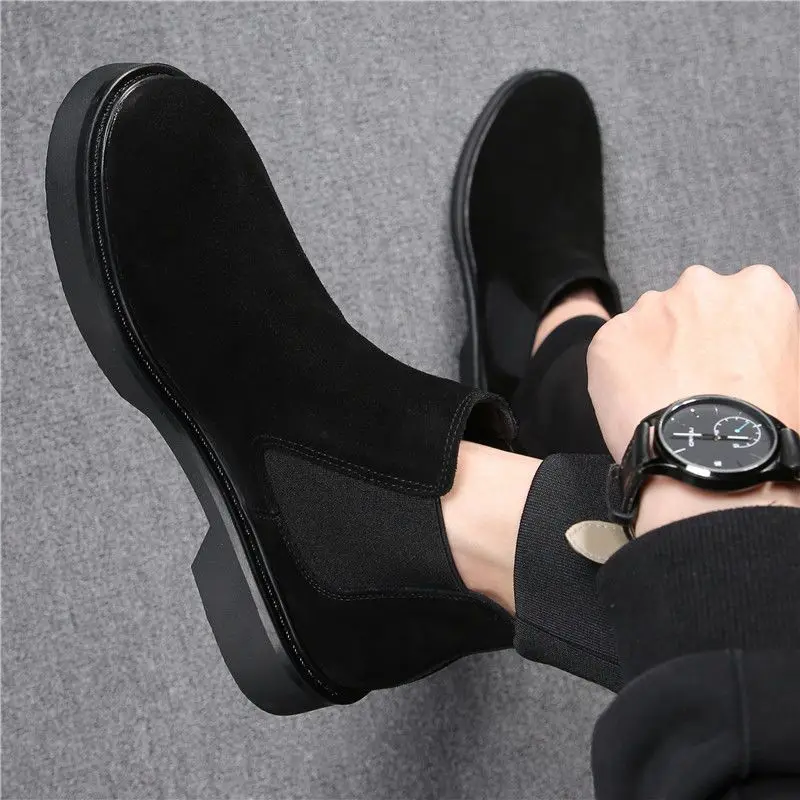 men luxury fashion chelsea boots black trend cow suede leather shoes cowboy autumn winter ankle boot platform short botas hombre