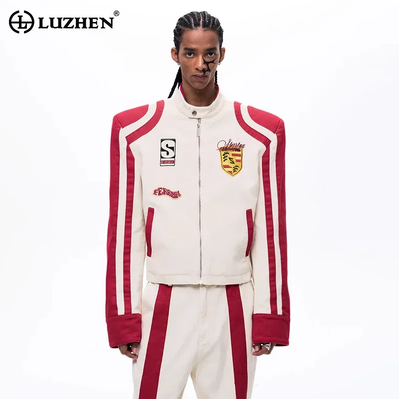 

Мужская модная куртка-косуха LUZHEN 2026 Весна с оригинальной вышивкой логотипа, контрастными вставками и воротником-стойкой, стильная уличная куртка JY6329