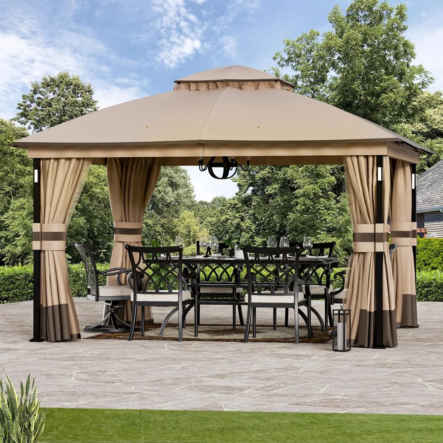 

Patio Gazebo 11 x13 with LED Lights Bluetooth Speaker Heavy Duty Outdoor Canopy Shelter with Metal Frame Double Roofs Soft top
