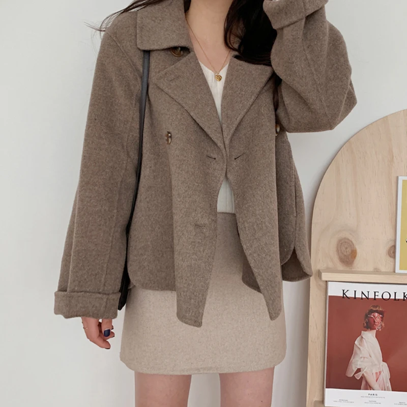 Autumn Winter Double Breasted Woolen Coat Women Korean Style Turn Down Collar Wool Jacket Woman Solid Colort Thick Coats Ladies