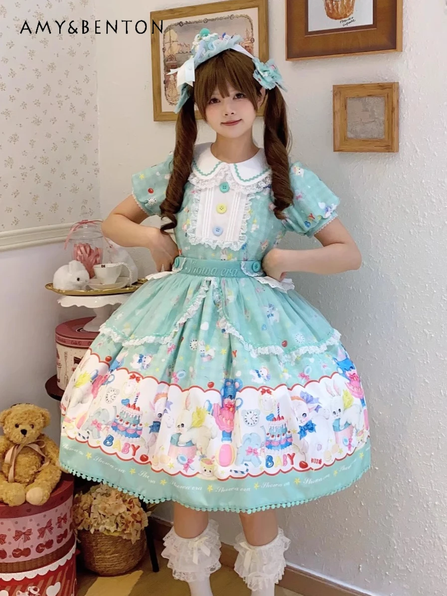 

Cartoon Party Paradise Lolita Sweet Cute Bow Op Doll Collar Dress Kawaii Printed Short Sleeve High Waist Slim Ball Gown Dresses