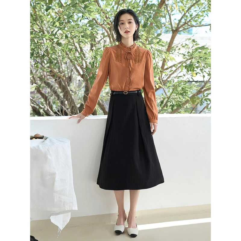 INMAN Women Skirt 2023 Spring A-shaped Pleated Loose With Same Color Adjustable Waistband Vintage Elegant Mid-length Skirt