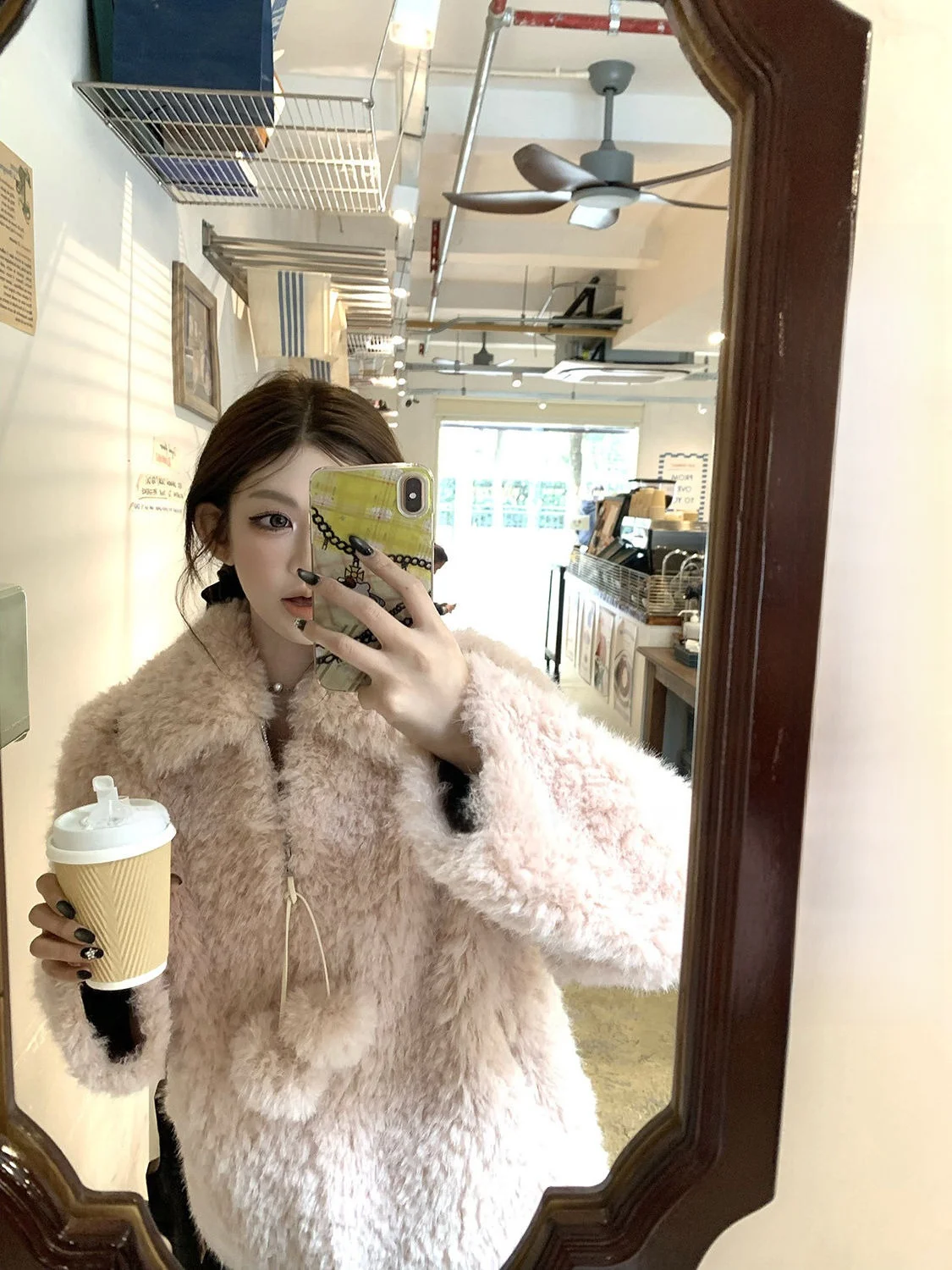 

Экологичное пальто с шариком из кроличьего меха, женское пальто из натуральной кожи и меха Jaet, милый длинный воротник с воротником-стойкой