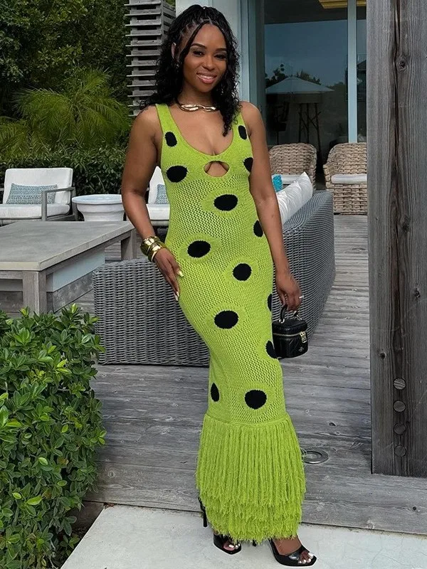 

Сексуальная длинная юбка в горошек с бахромой, низкая талия, вязаная, облегающая, для женщин, летняя, без рукавов, облегающая фигуру