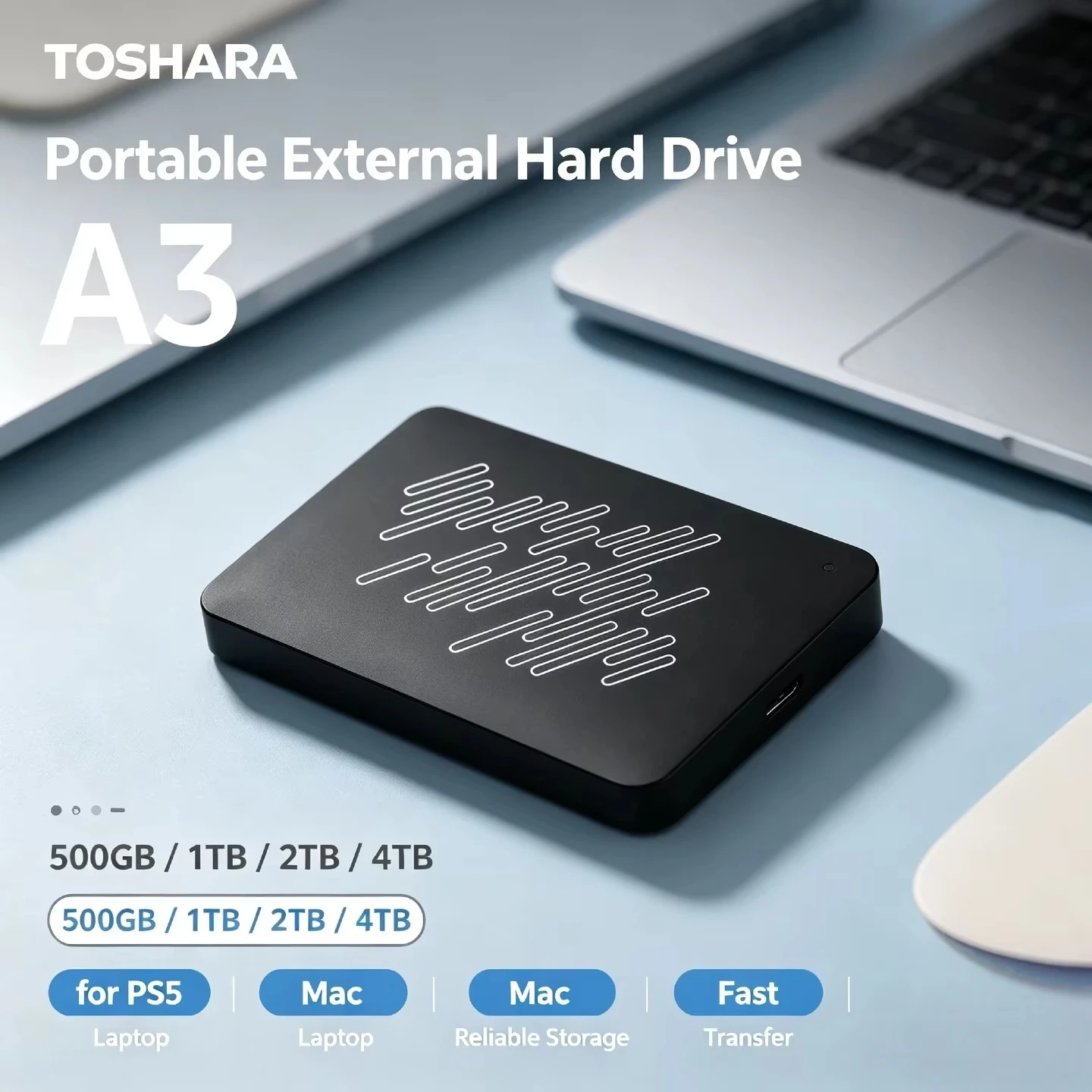 TOSHARA A3 Portable External Hard Drive 4TB 2TB 1TB 500GB for PC Laptop Mac Lightning Performance Rapid Load Response