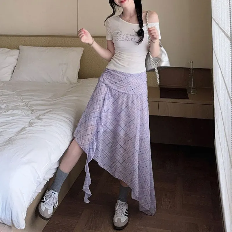 Irregular Korean Ruffles Spliced Plaid Midi Skirts Summer Gentle A-Line Women's Clothing Fashion Asymmetrical Aura Basic Skirts