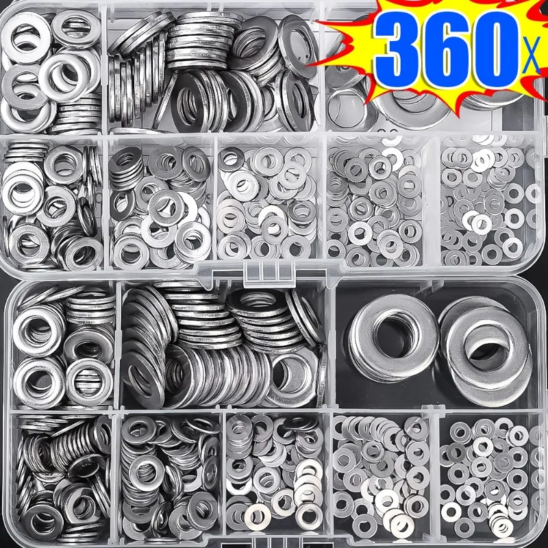 

360PCS Stainless Steel Flat Washer Metal Ring Household Fasteners Hardware Plain Gasket Assortment M2 M2 M2.5 M3 M4 M5 M6 M8 M10