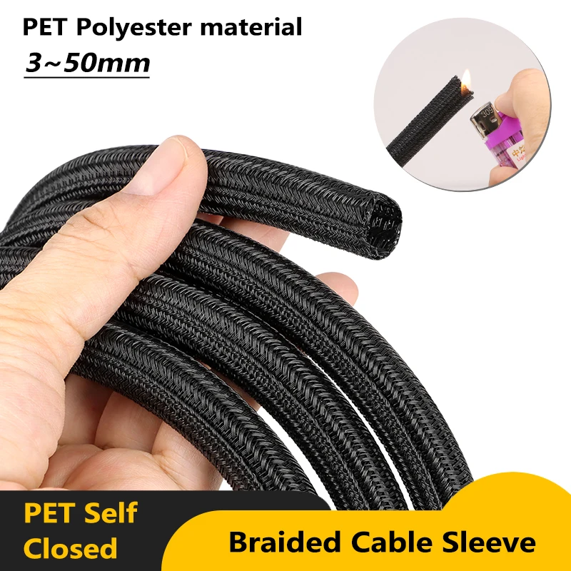 

Black PET Braided Expandable Cable Sleeve 2mm ~ 50mm Flexible Self Closed Insulated Wrap Pipe Tube Line Protector Wire Organizer