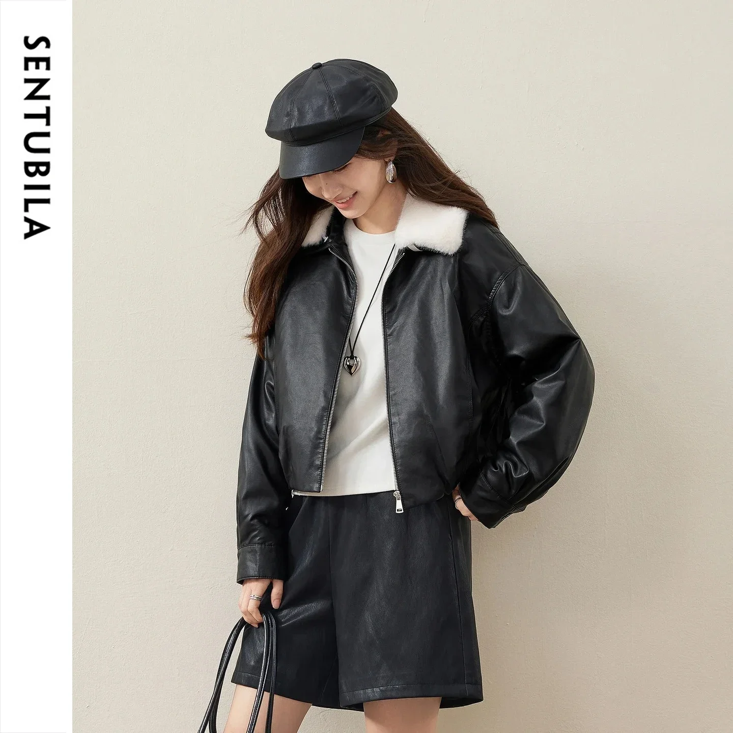 SENTUBILA Women Moto Biker Faux Leather Down Jacket 90% White Duck Down Petite Lapel Collar Cropped Commuter Outerwear W64YC7765