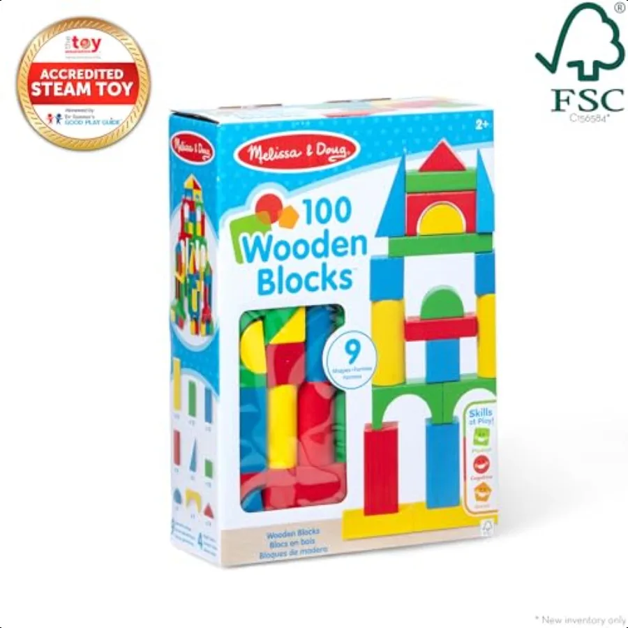 Melissa Doug Holzbausteine-Set, 100 Blöcke in 4 Farben und 9 Formen, klassisches Spielzeug, farbiges Holz, für Kleinkinder ab 2 Jahren, FSCC