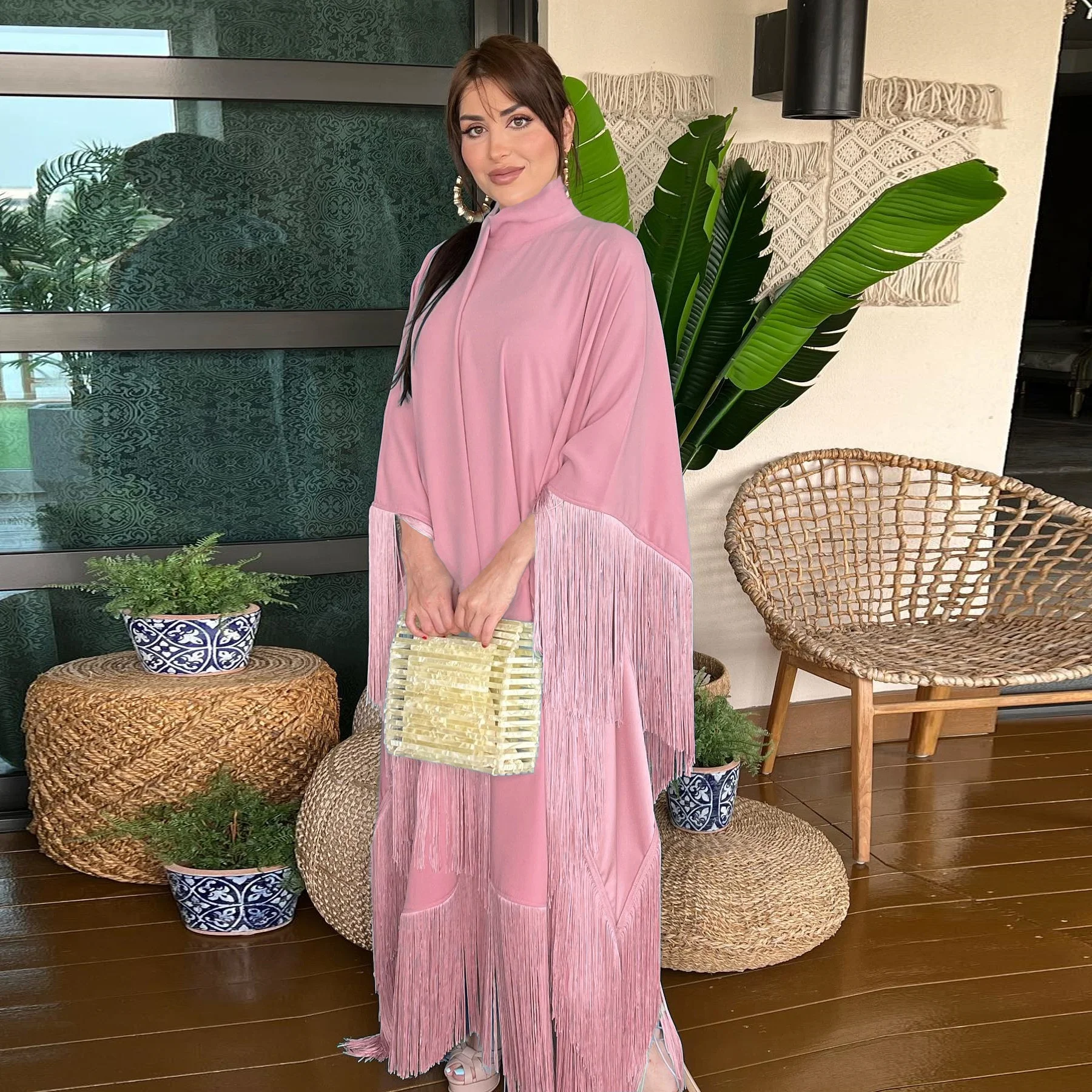 

2025 Modest Party Gown for Adults Muslim Women's High Fashion Batwing Sleeve Tassel Kaftan Breathable Polyester Abaya Summer