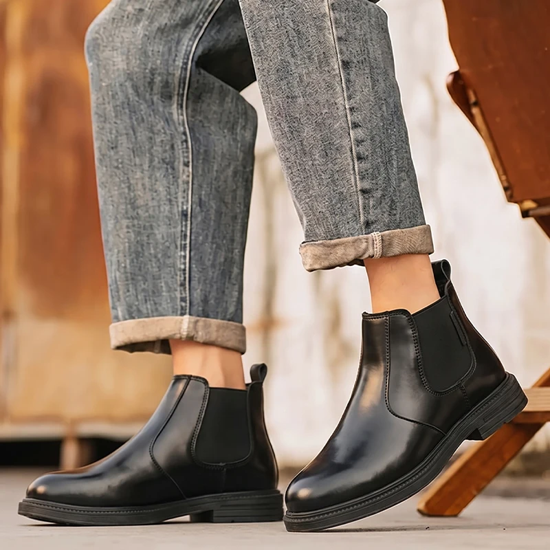 Herren Chelsea-Stiefeletten aus glattem PU-Leder, mit elastischem Bund, zum Hineinschlüpfen, niedrigem Absatz, modisch, für Business und Alltag, Herrenschuhe. – Detail 3