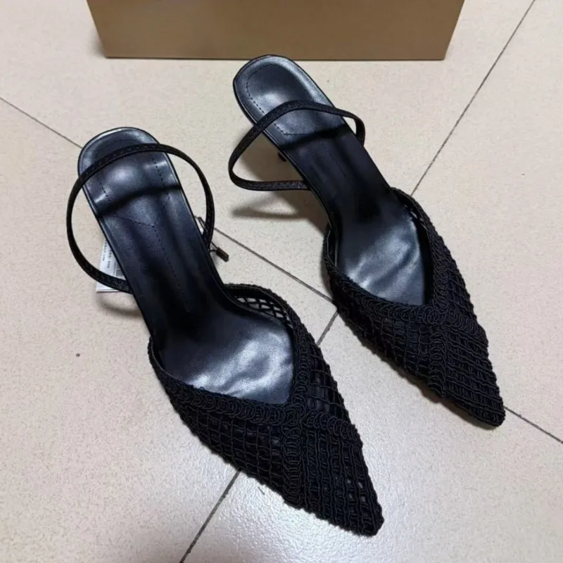 Designer Weave Mesh High Heels Women Banquet Party Dress Shoes Hollow Out Pointed Toe Summer Luxury Modern Sandals for Ladies