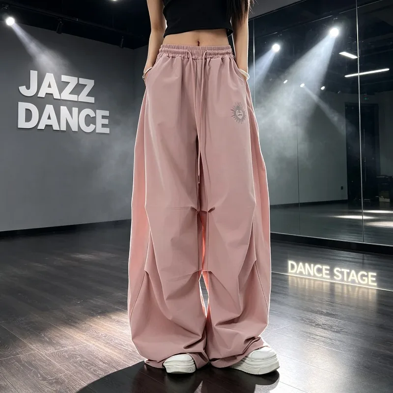 Women S-XL Loose Drawstring Wide Leg Cargo Pants Quick Dry Soft Fashion Casual Trousers for Jazz Dance KPOP Stage Streetwear