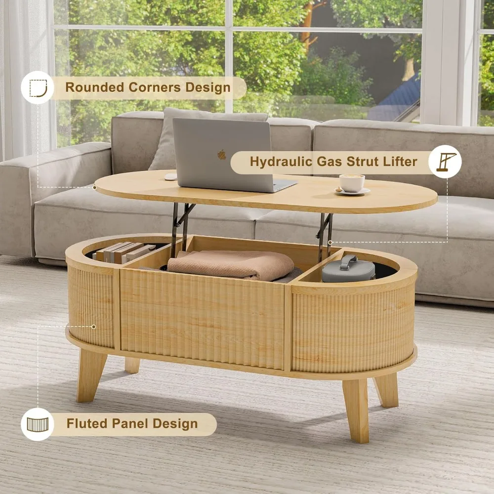 Meja Kopi Oval Modern dengan Penyimpanan Tersembunyi, Desain Bergalur untuk Ruang Tamu dan Kantor Rumah, Finishing Alami