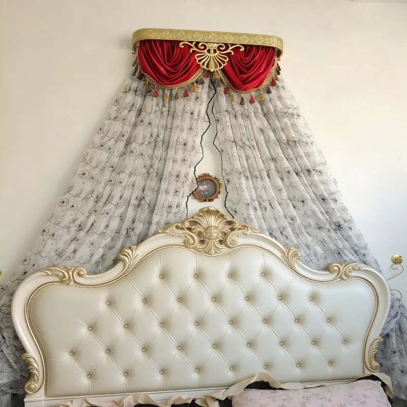 2026 New French Floral Embroidered Bed Canopy Curtain, Water Wave Tassel Drape with Crown, Bedroom Headboard Decorative Sheer