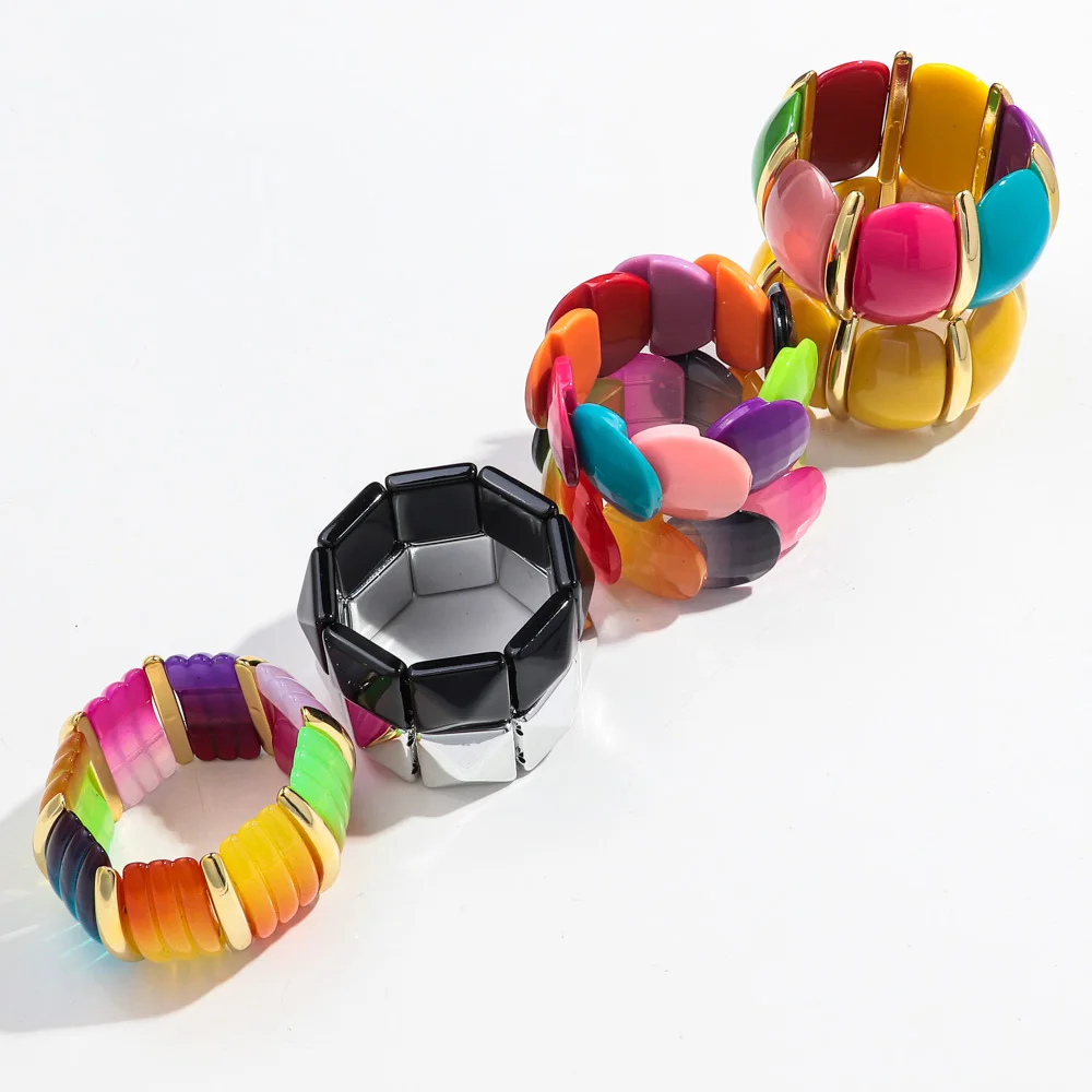 Bohemian Acrylic Multicolor Wide Cuff Bracelet for Women Boho Vintage Stretchy Bracelets Statement Bangles Wristband Jewelry