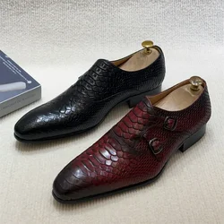 Men's Solid Color Genuine Leather Handmade Pointed Toe Oxford Shoes Python Pattern Lace-Up Formal Business Wedding Shoes