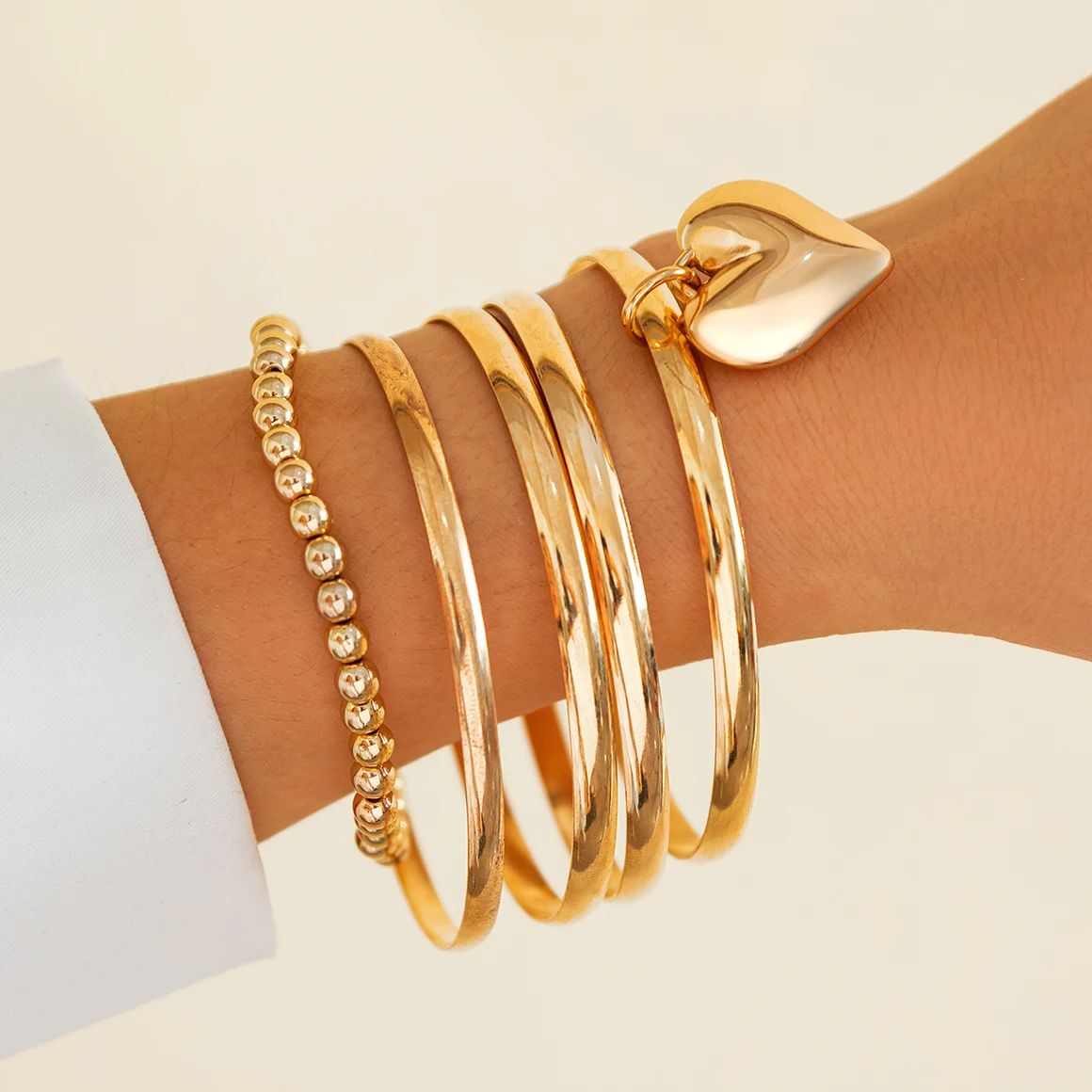 IngeSight.Z 5Pcs/Set Simple Heart CCB Pendant Bangles Bracelet for Women Trending Smooth Metal Bangles Punk Party Jewelry
