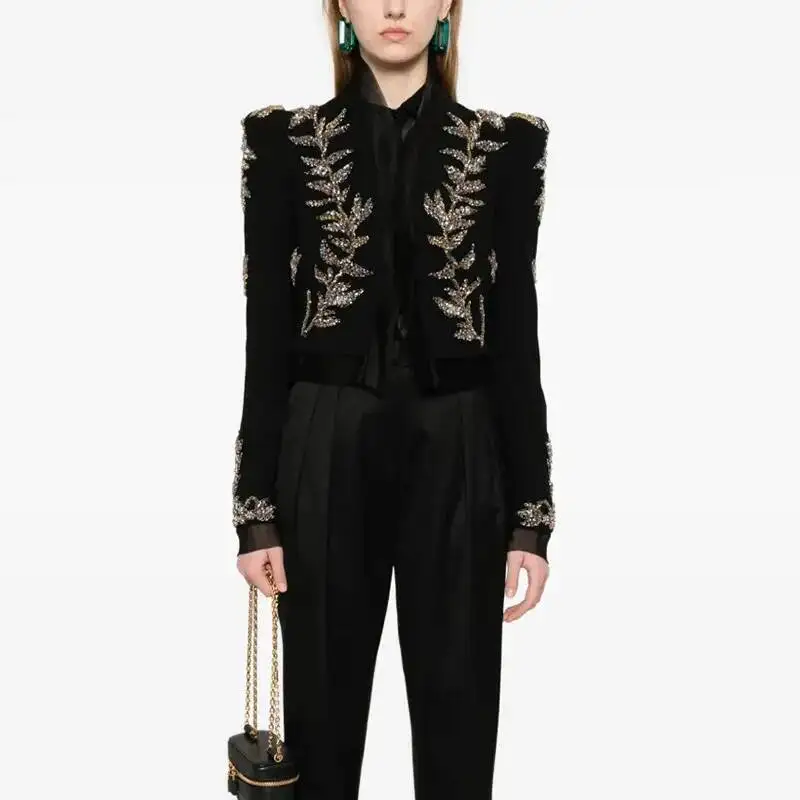HKSH Spring Autumn New Women Short Blazer Heavy Craft Embroidered Flares Patchwork Luxury High Street Temperament Jacket HK11839