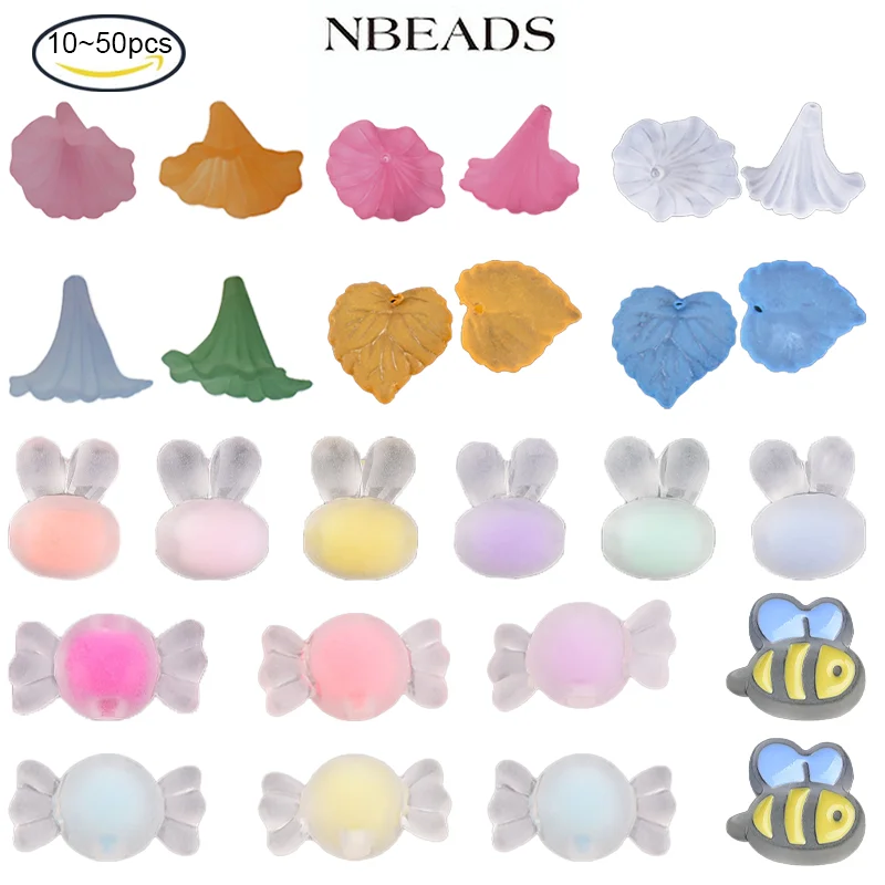 NBEADS 10-50PCS 9 Style Transparent Acrylic Beads Frosted Spacer Bead Cap for Jewelry Making DIY Bracelet Rabbit/Candy/Calla