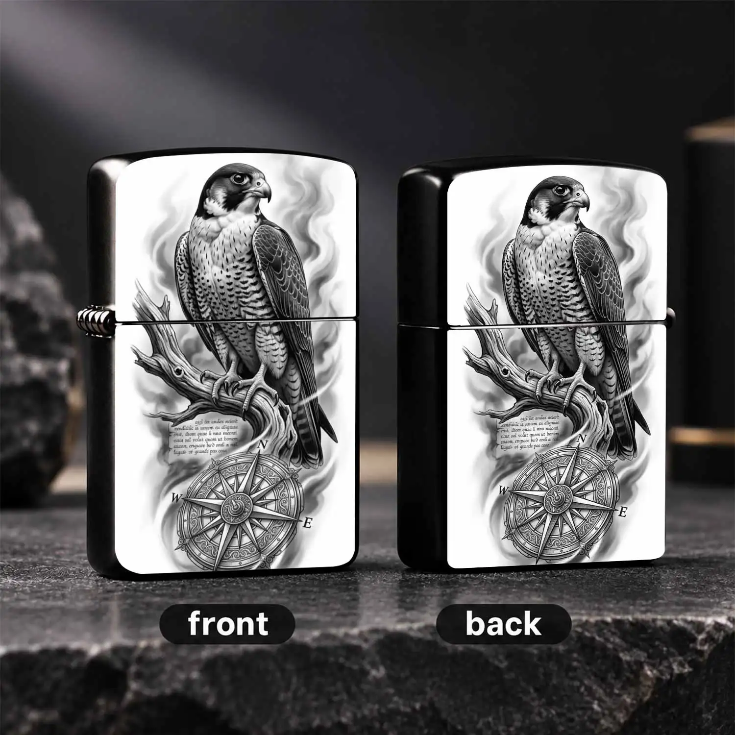 Vintage Peregrine Falcon Pattern Lighter, Exquisite Black Gray Sketch Art With Dead Wood And Nautical Compass Design, Portable Stylish All-Scenario Usable Accessory For Daily Use Outdoor Exploration, Unique Gifting Choice With Delicate Text
