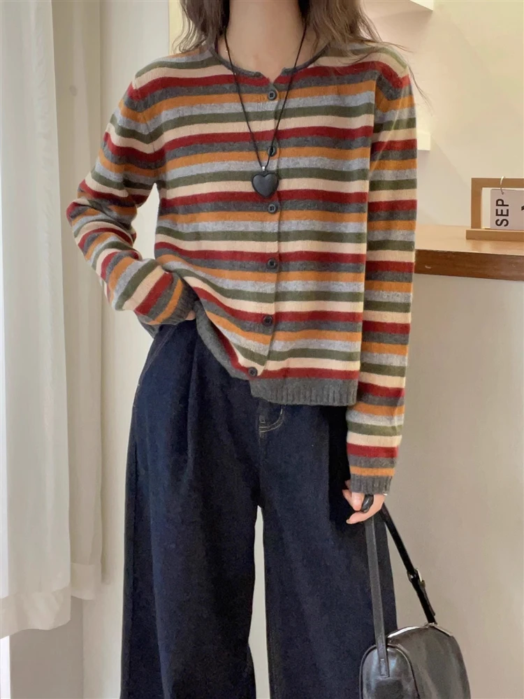 

Корейский женский свободный вязаный кардиган, мягкий уютный весенне-осенний полосатый верхняя одежда, свитер Jaet Long Sve rou...