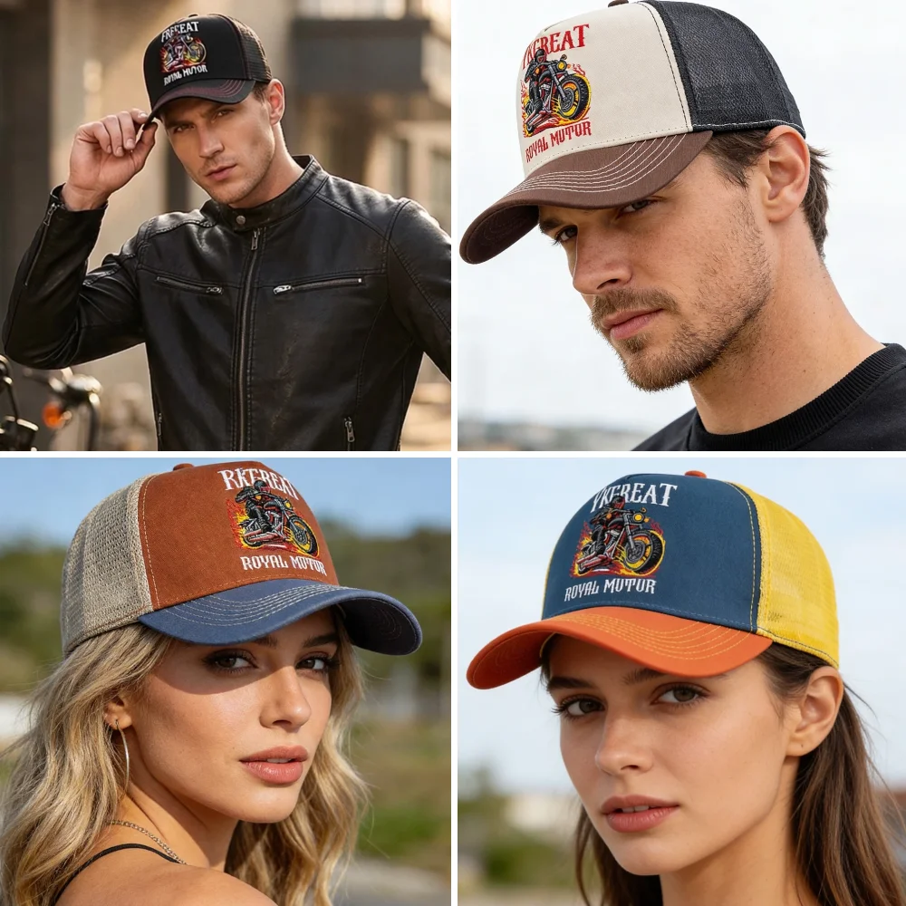New Style Motorcycle Embroidered Trucker Hat Flame Biker Patch Baseball Cap For Man Woman Breathable Streetwear Summer Mesh Caps