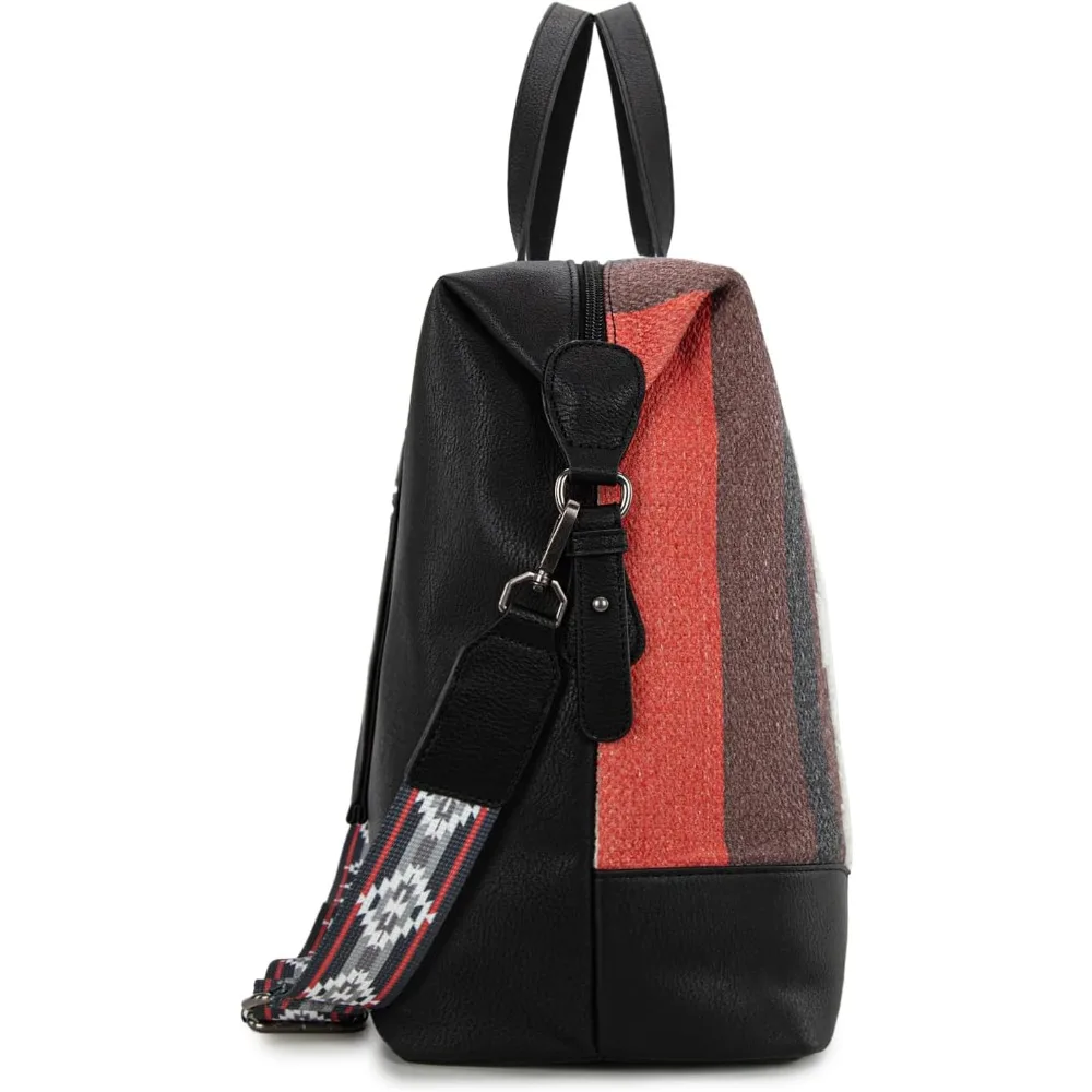 حقيبة من القماش الخشن للسيدات بنمط أزتيك للسفر في عطلة نهاية الأسبوع باللون الأسود