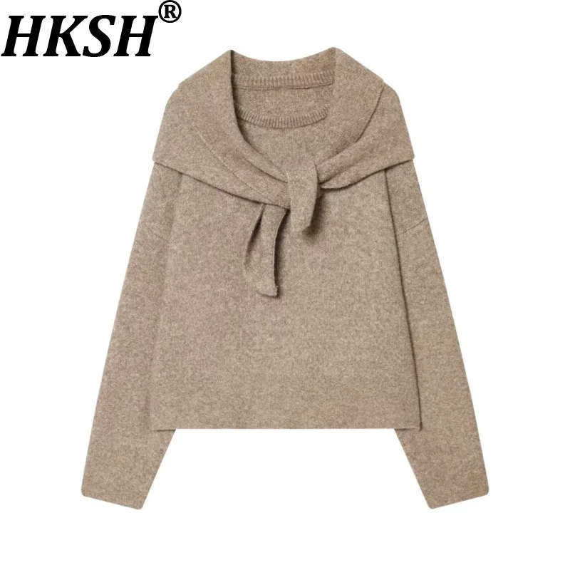 

HKSH осень-зима новый женский свитер пуловер с круглым вырезом шарф с длинными рукавами однотонный универсальный милый элегантный вязаный топ HK15802