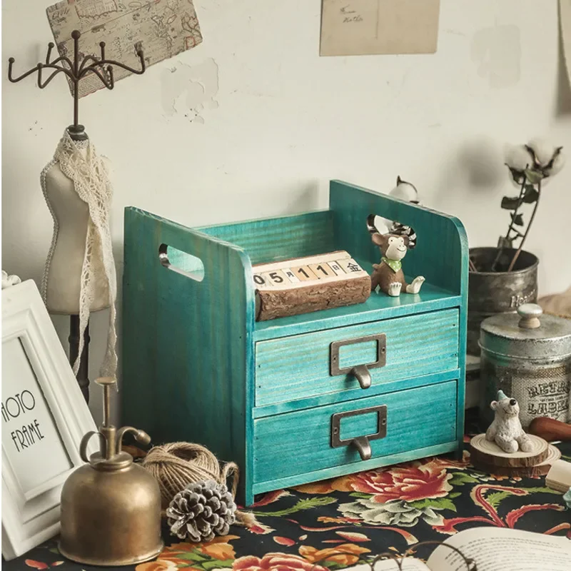 Wood Retro Organizer Box Desktop Vanity Cosmetics and Jewelry Storage System Multifunctional Desk File Drawer Elegant Beauty