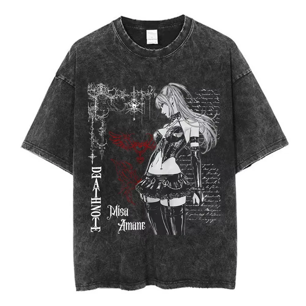 Vintage Washed Anime Death Note Misa Amane T Shirts Men Women Clothing Cotton Casual T-shirt Fashion Short Sleeve T-shirts