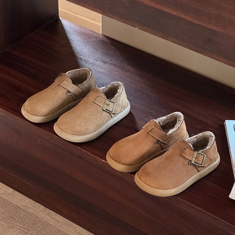 

Boys Girls Cozy Plush Leather Shoes with Buckle 2025 New Winter Toddler Warm-lined Walking Shoes Soft Sole Kid School Daily Wear