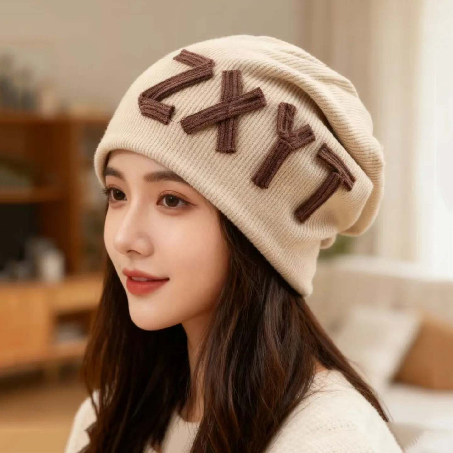 

Модная вязаная шапка в японском стиле - женская осенне-зимняя универсальная шапка для большой окружности головы, визуально уменьшающая лицо, от холода