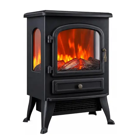 Three-Sided Glass Electric Fireplace Heater, 180° Panoramic Flame, 750W/1500W, Adjustable Thermostat, Freestanding Indoor Heater, US Plug