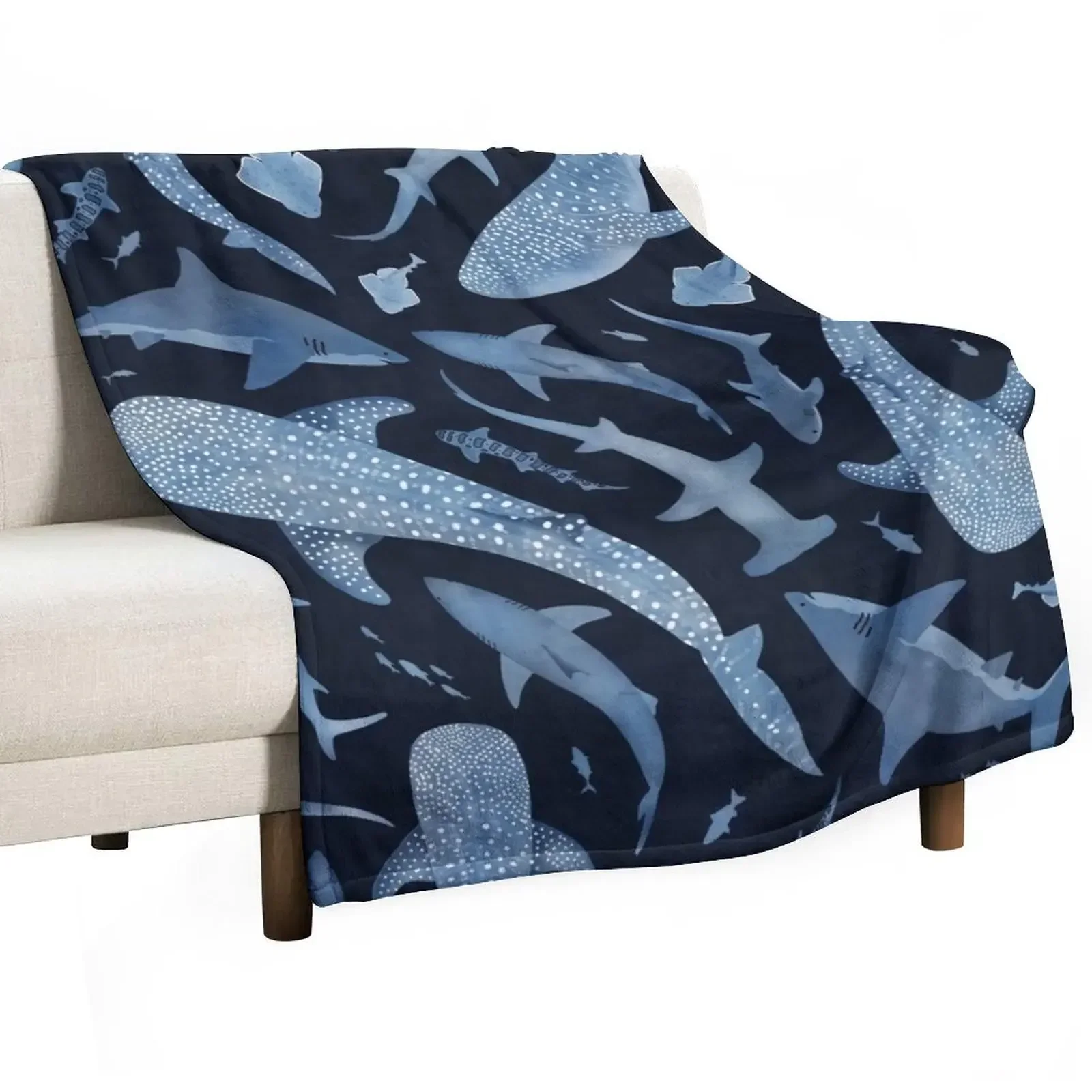 Monochrome blue watercolour shark ocean on black Throw Blanket Kid'S Soft Plaid Travel anime Decorative Sofas For Baby Blankets