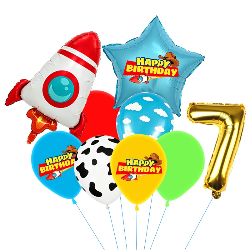 Rote, gelbe und grüne Spielzeugballons, hellblaue Ballons mit Wolken- und Kuhmuster für die Dekorationen zu Babystory- und Cowboy-Partys – Detail 35