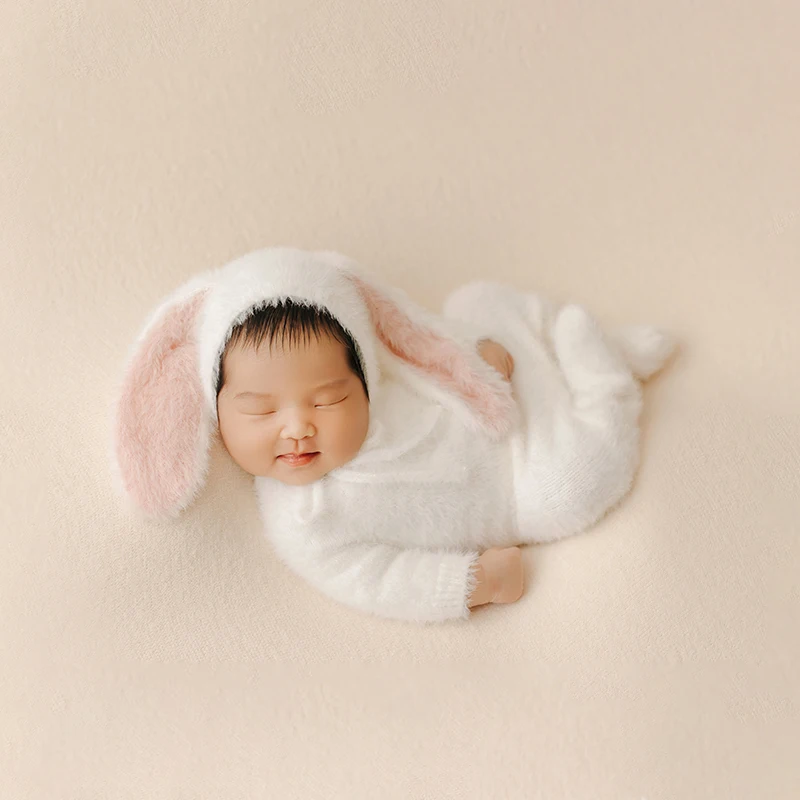 Rabbit Theme Baby Photography Clothing Soft Rabbit Jumpsuit + Hat 2pcs/Set Handmade Animal Doll Baby Photo Shooting Accessories