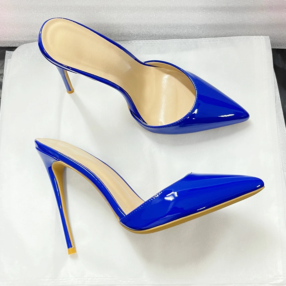 New Blue Patent Leather Pointed Toe Mule Heels Sexy 12cm 10cm Stiletto Heel Ultra-Sleek Slippers Design Slip On Outdoor Shoes