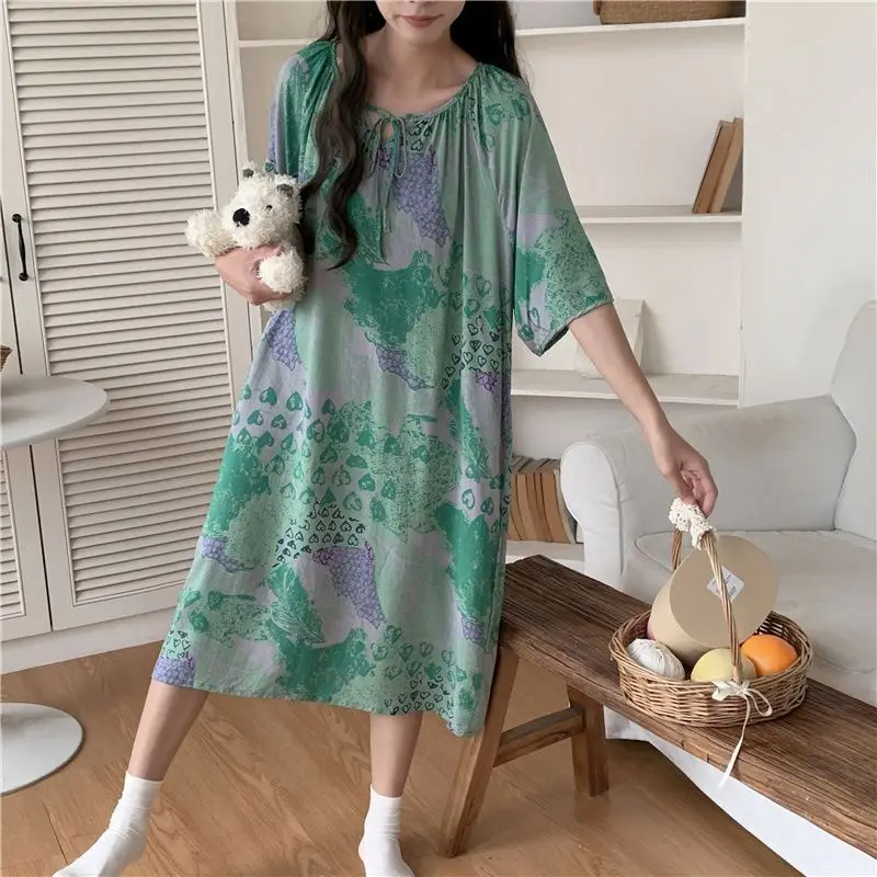 

Mid-length Nightgown for Women's Spring Summer Thin Printed Pajamas Home Dress Sexy Night Nightwear Bathrobe Woman Sleepwear New