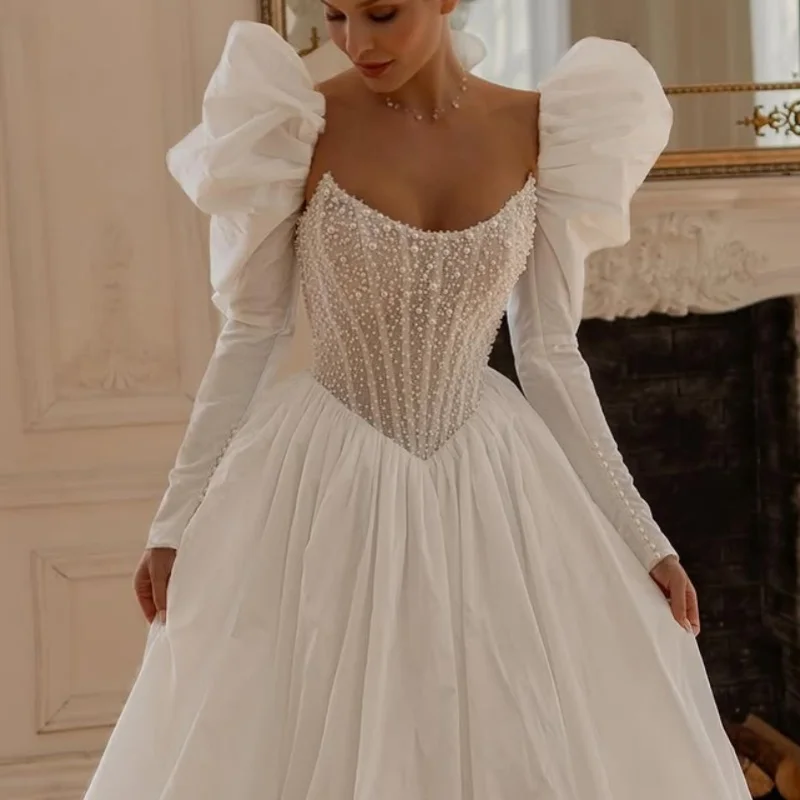 White Wedding Dresses off-shoulder The corset pearl decorationdecal Bridal Gowns A-line  multi-layer Made ﻿Customize