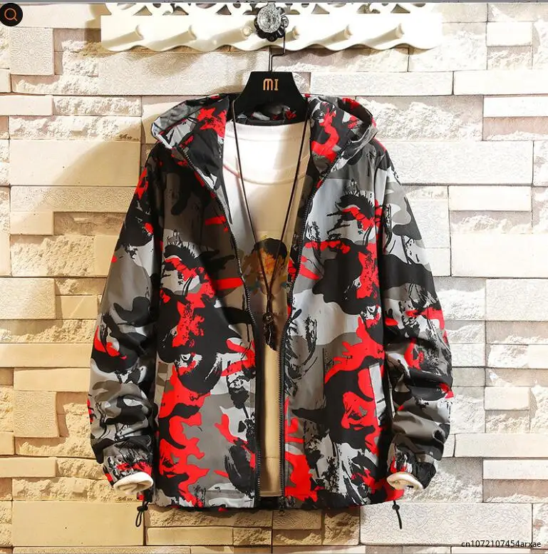 Spring and Autumn New Gray Camouflage Hooded Jackets Men Army Green Windbreaker Casual Loose Coats