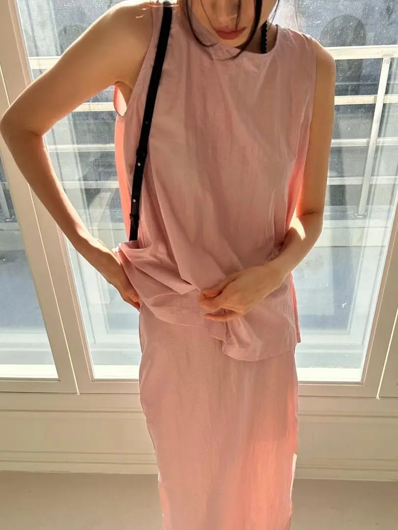 

Casual Pure Color round Neck Vest And Split Skirt Set Dongda Gate Women's Fashion Simple Breathable Lightweight Summer Outfit