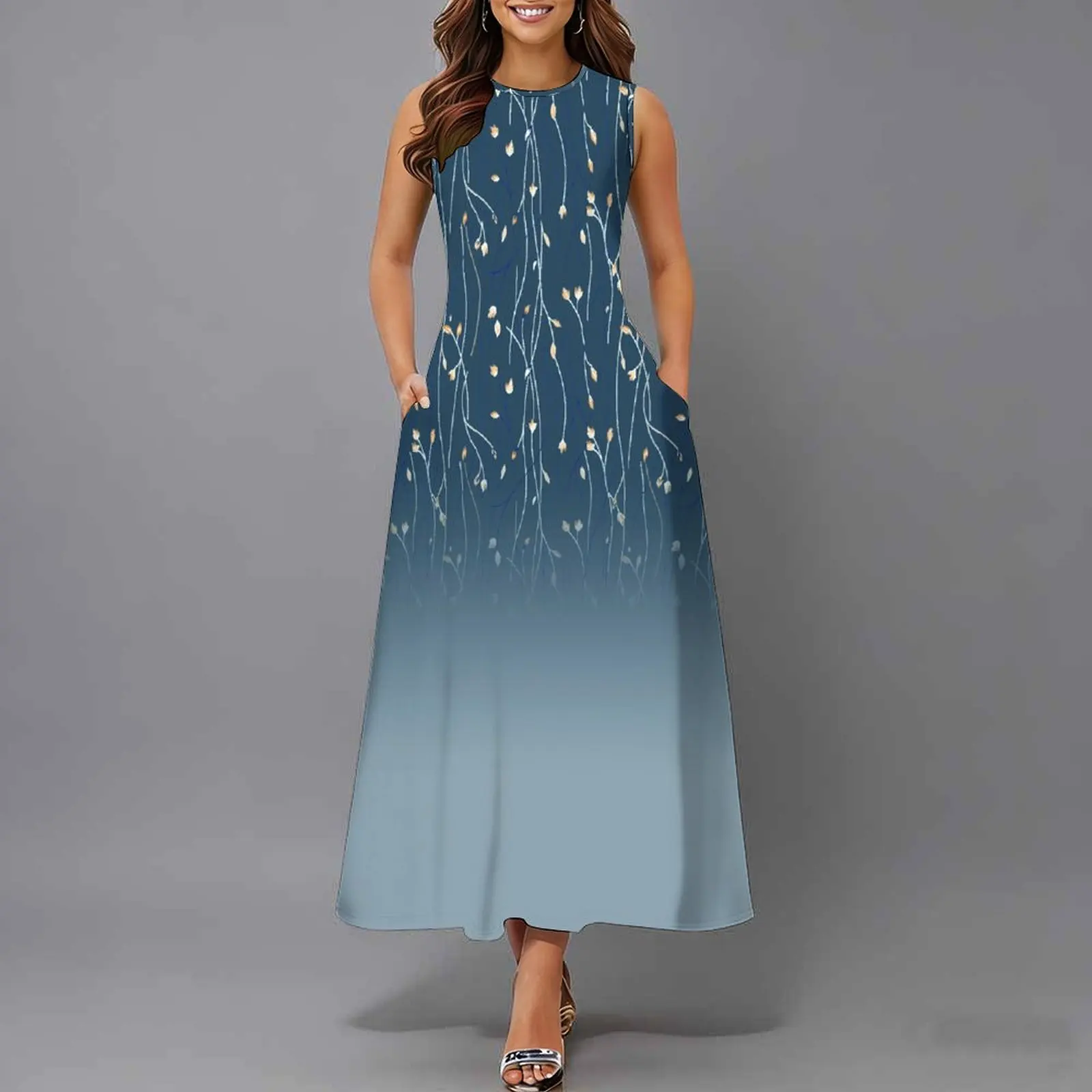 Women Sleeveless Long Maxi Dress With Pockets 3D Oil Painting Print Casual Loose Summer Vacation Party Sundress