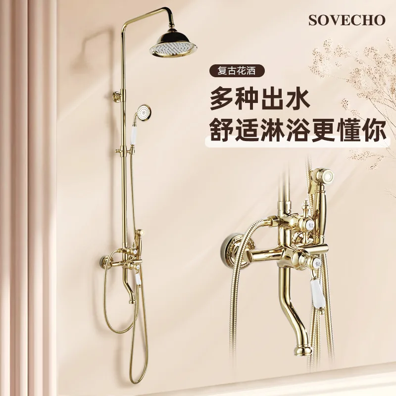 مجموعة دش نحاسية ذهبية مع رأس دش محمول بارتفاع قابل للتعديل ومقبض واحد دش ريترو ساخن/بارد مع مسدس رش #6