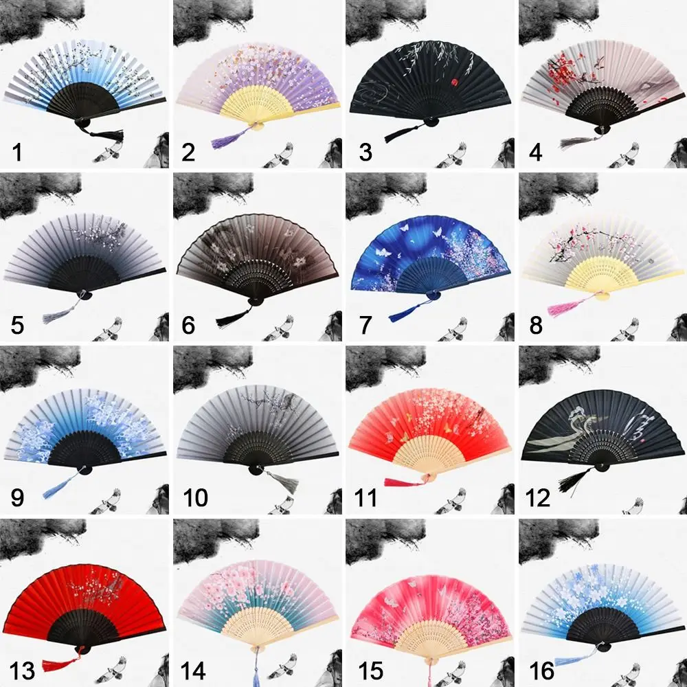 Éventail pliant chinois japonais en soie, pompon coloré, élégant, pour femme, Style Vintage, éventail à main en bambou