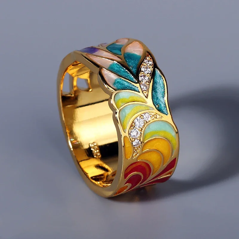 New Ladies Ring for Women 925 Silver Plated Fashion Ring Golden Color Feather Zircon Ring Party Jewelry Enamel Handmade