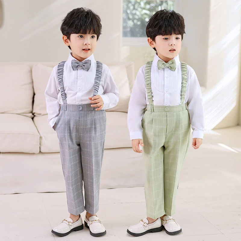 Children Shirt Pants Suspenders Bowtie 4PCS Photograph Suit Newborn Boys 1 Year Birthday Dress Kids Performance Wedding Set